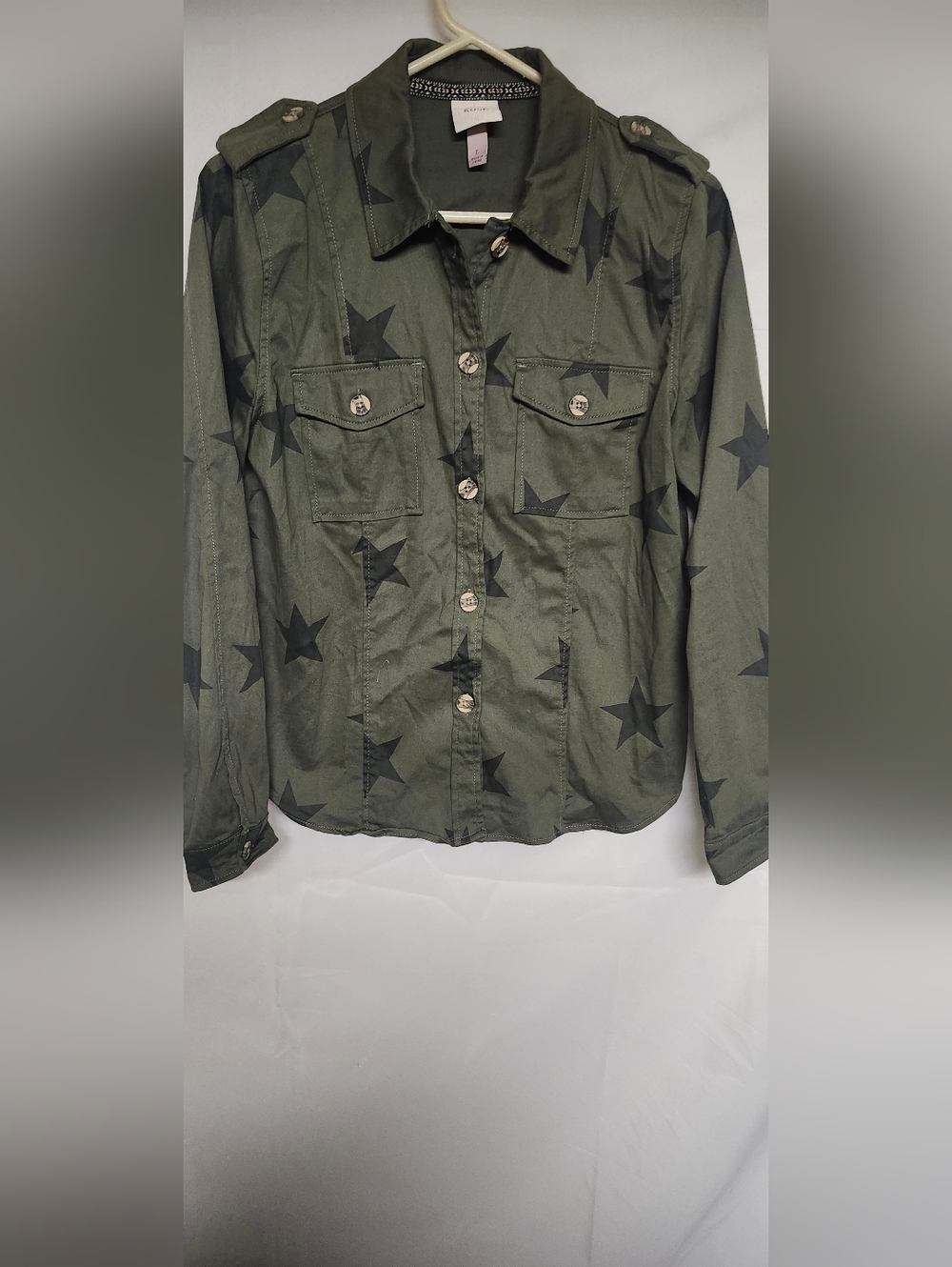 Olive Star-Print Camo Button Front Utility Shirt
